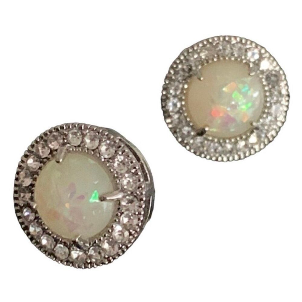 Luminescent Faux Opal Studs with Crystal Halo, October Birthstone